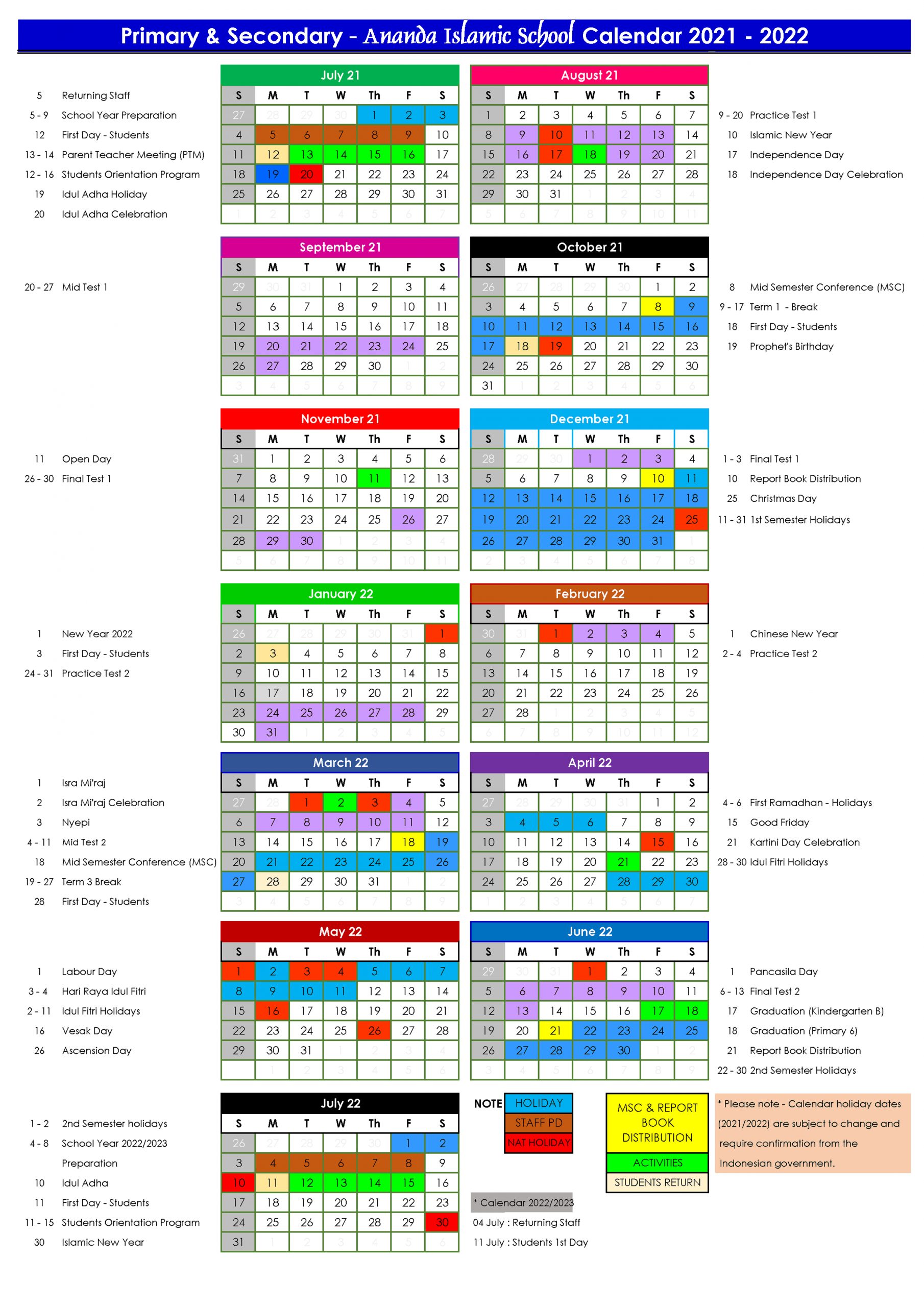 Academic Calendar 20212022 Primary & Secondary Ananda Islamic School