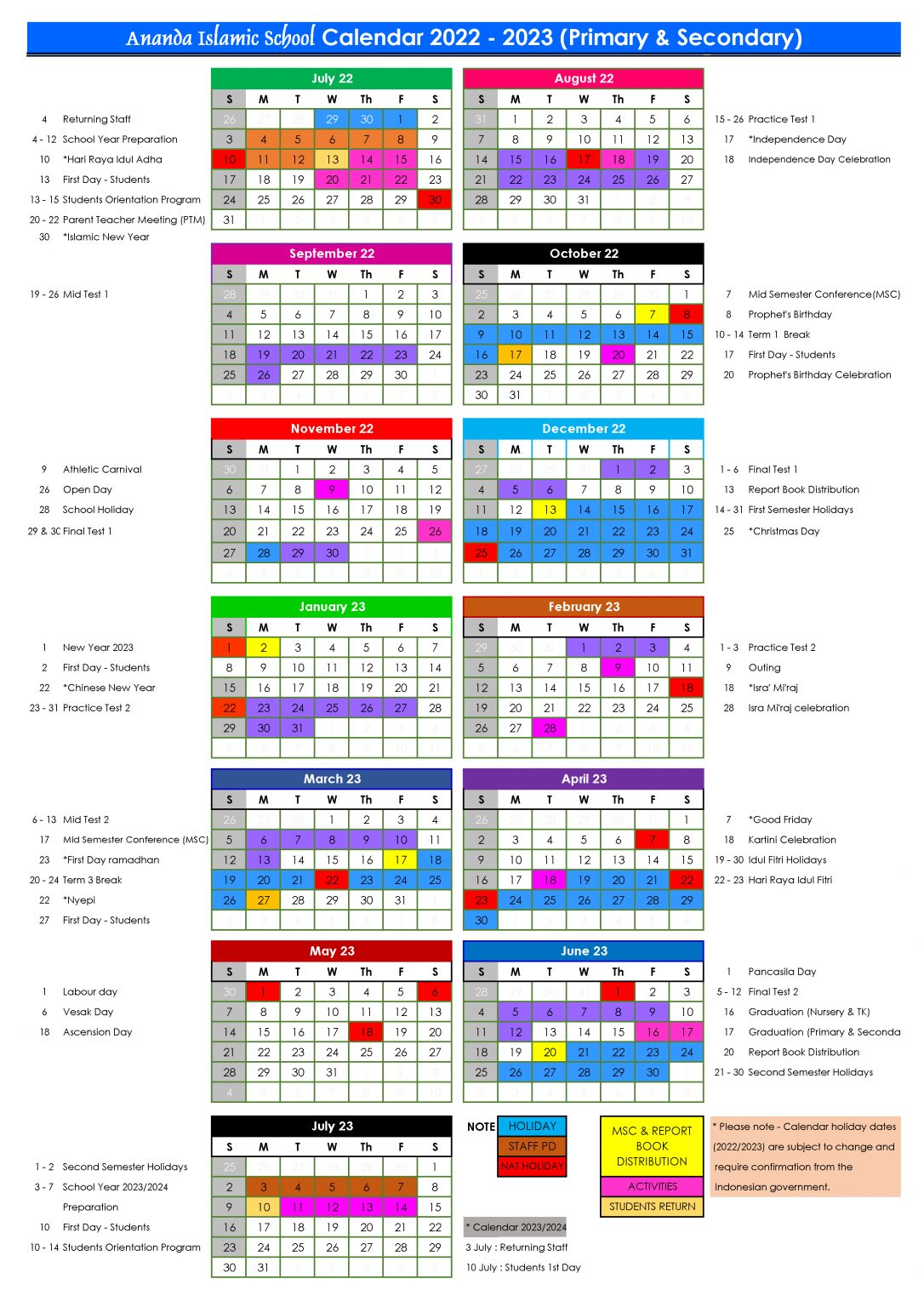 Academic Calendar 20222023 Primary and Secondary Ananda Islamic School
