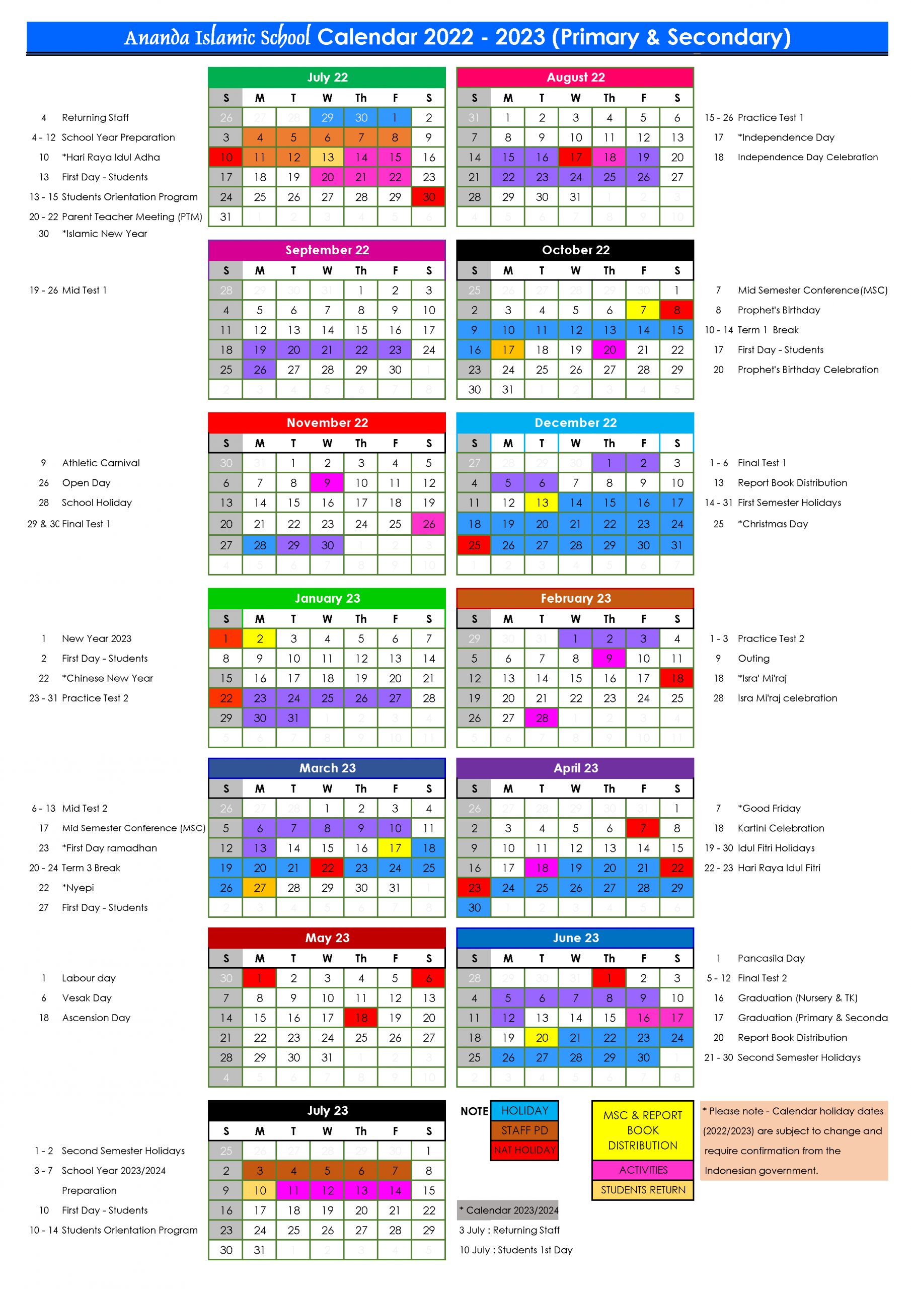 Academic Calendar 20222023 Primary and Secondary Ananda Islamic School